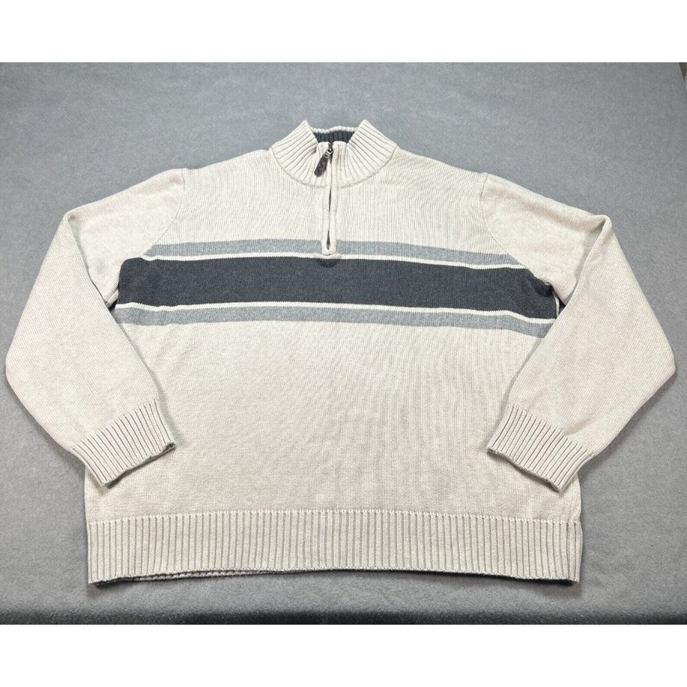 Eddie Bauer Mens 1/4 Zip Pullover Sweater 2XLT Beige Mock Neck Black Gray Stripe